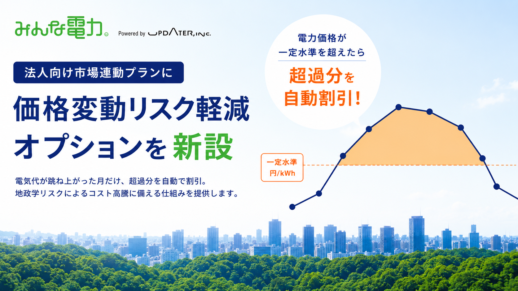 みんな電力、法人向け市場連動プランに「価格変動リスク軽減オプション